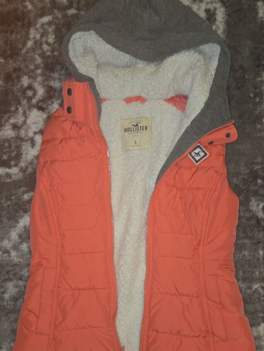 Hollister Coral Quilted Puffer Vest with Sherpa Lining and Hood